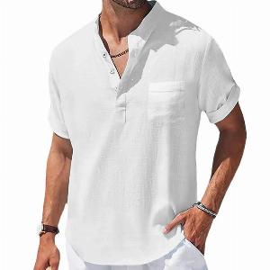 Chemises dété en coton et lin pour hommes Chemise à manches courtes Col Henry Tshirts décontractés pour hommes Chemises Hommes Vêtements pour hommes XL