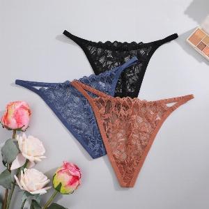 FINETOO String en dentelle pour femme String taille basse Culotte en dentelle florale Lingerie bikini XL